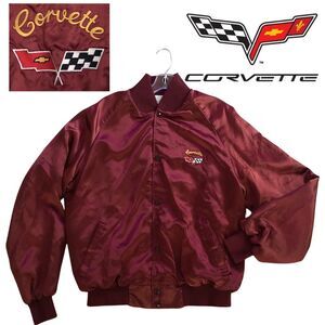 Corvette West Ark Satin Jacket VTG Mens Size L 70s Burgundy Embroidered USA Made